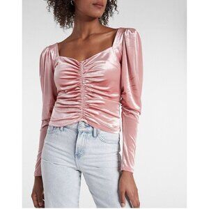 Express Womens Small Pink Velvet Ruched Long Sleeve Top Blouse Shirt